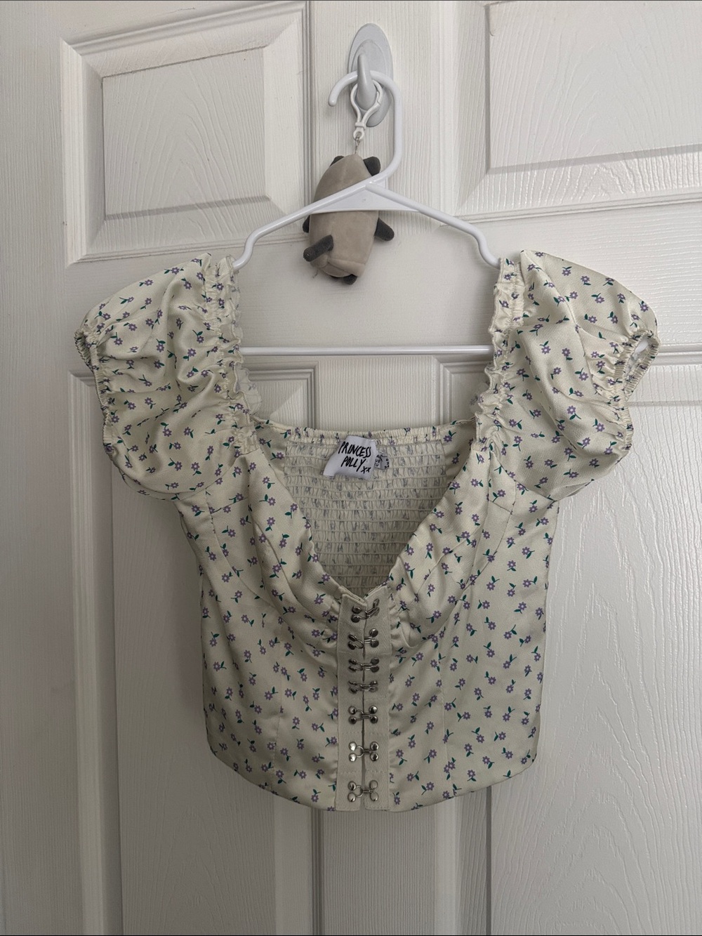 Princess Polly Allyson Crop Top Off White Floral Puff-Sleeve Hook-Front
